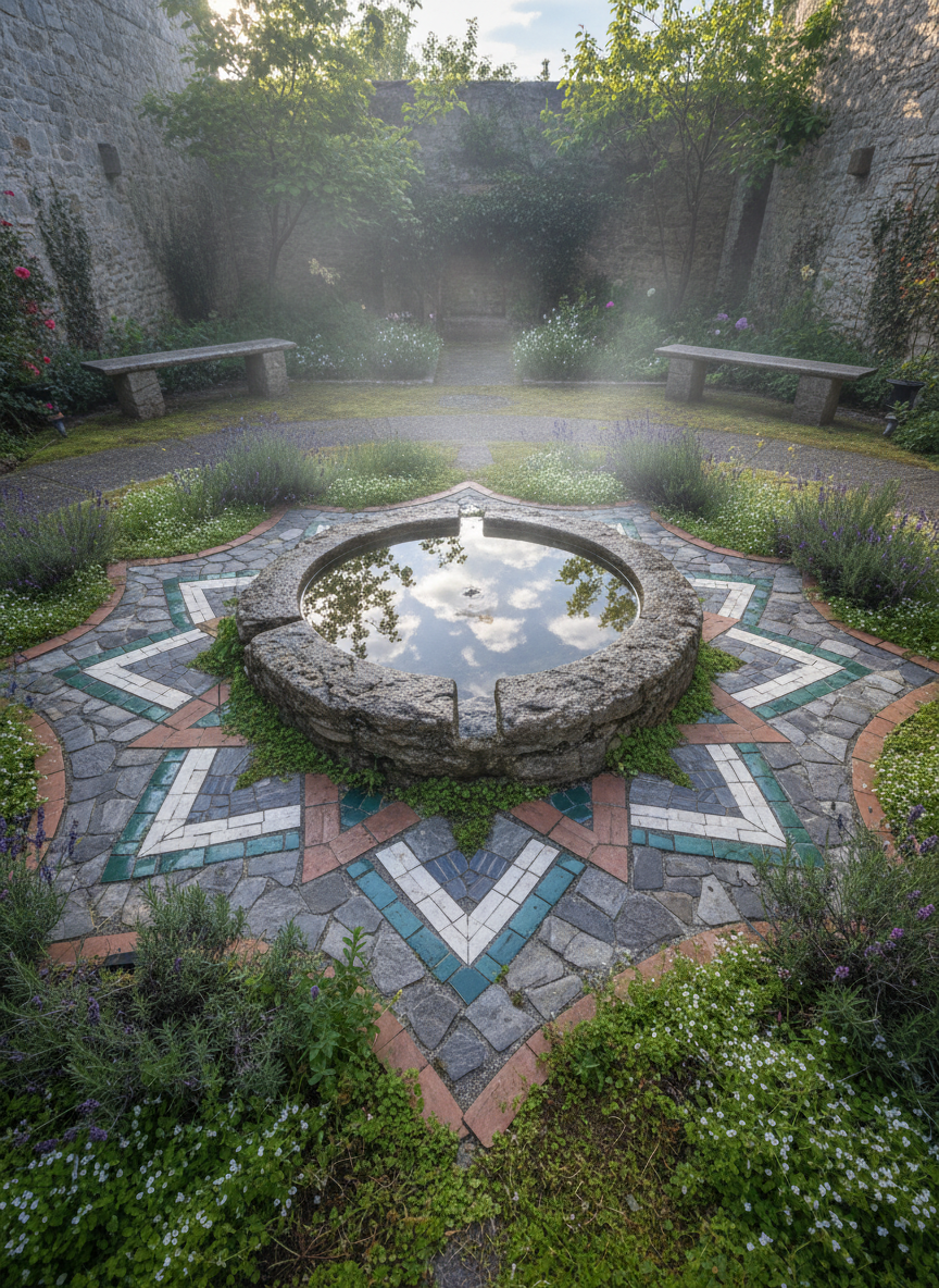 A tranquil water feature at the heart of a sacred garden courtyard, captured in lush photographic detail. At the center, a shallow stone basin carved from reclaimed rock holds perfectly still water, reflecting fragments of sky and leaves. Surrounding the basin, a radial mosaic of small river stones and broken tile suggests a subtle mandala pattern, partially softened by fragrant herbs and low-growing groundcover. Early morning light, pale and cool, brushes the scene from one side, creating delicate highlights on wet stone and faint mist above the water. Wide-angle, slightly elevated composition that keeps the entire courtyard in focus while emphasizing the basin as the visual anchor. The atmosphere is deeply still, contemplative, and timeless, evoking a sacred threshold between the everyday and the unseen.